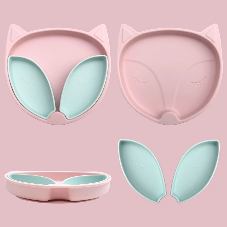 Children′s Dishes Baby Silicone Sucker Bowl Newborn Kawaii Fox Shape Plate Feeding Tableware Set