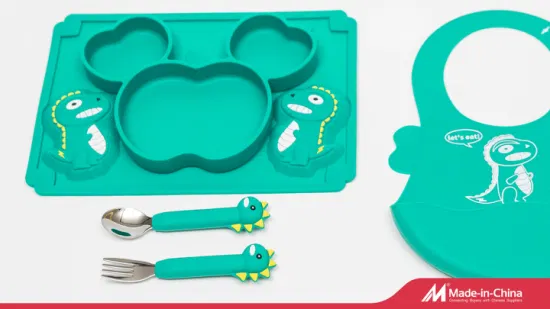 Set di stoviglie per bambini in silicone Set di alimentazione Piatto di dinosauro in silicone per cartoni animati